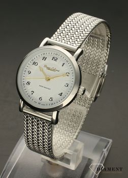 Zegarek damski na bransolecie bizuteryjnej Bruno Calvani BC3193 SILVER. Tarcza zegarka okrągła w kolorze białym z wyraźnymi cyframi czarnymi, wskazówki w kolorze złotym. Dodatkowym atutem zegarka jest wyraźne logo (4).jpg